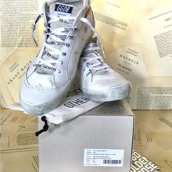 Golden Goose Mid Star White Leather Khaki Star Blue Red Logo Lace - Picture 3 of 9